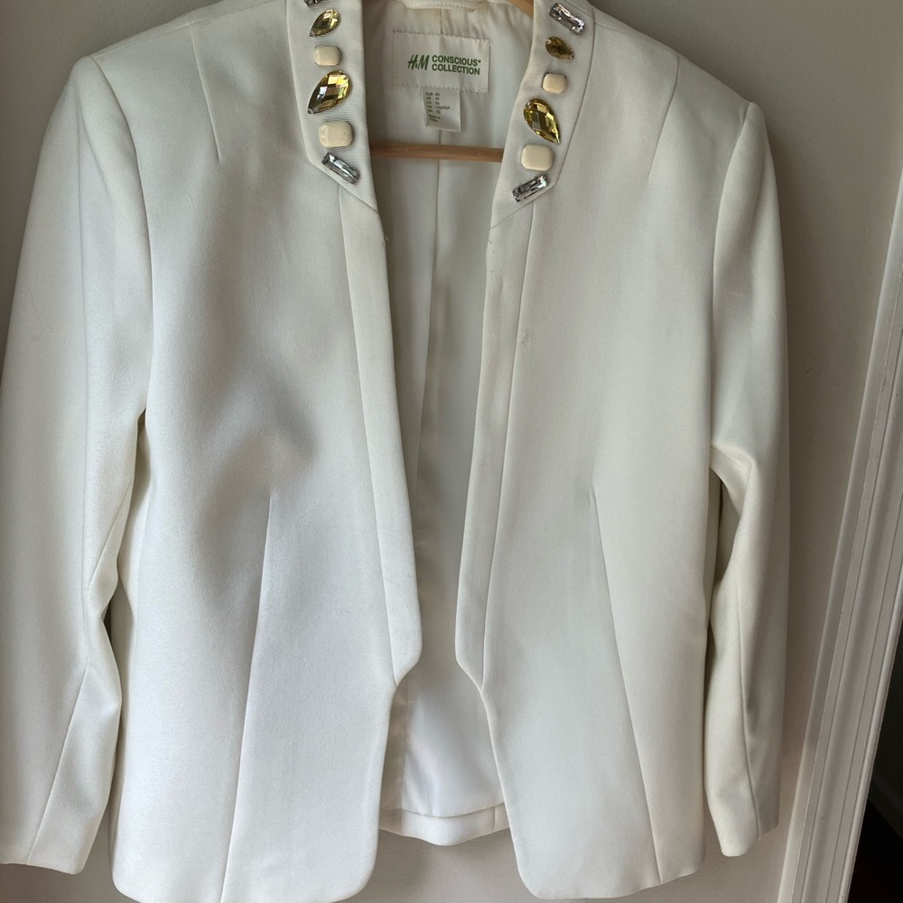 Off White Blazer with Rhinestone collar  Jacket for Office or Around the Town